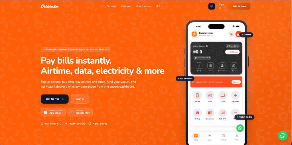 DataVendor VTU platform dashboard and mobile app — custom fintech development by ScalerDev