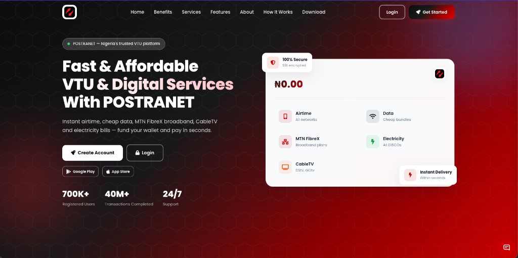 Postranet VTU platform homepage — custom fintech platform developed by ScalerDev