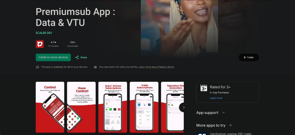PremiumSub VTU mobile app on Google Play — developed by ScalerDev with 4.7-star rating