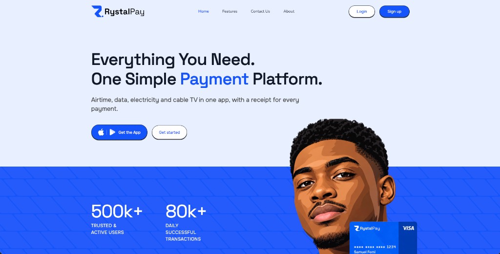 RystalPay payment platform hero — airtime, data, electricity and cable TV in one app, built by ScalerDev