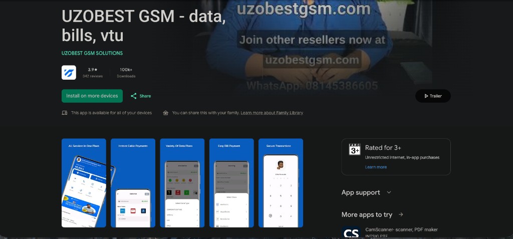 UzobestGSM VTU mobile app on Google Play — platform developed by ScalerDev with 100K+ downloads